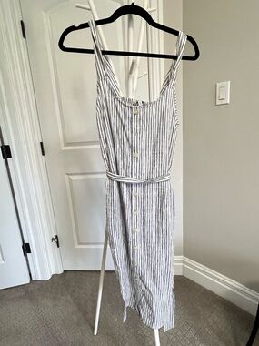 Lucky Brand-Striped Button-Front Midi Dress Belted in White and Navy